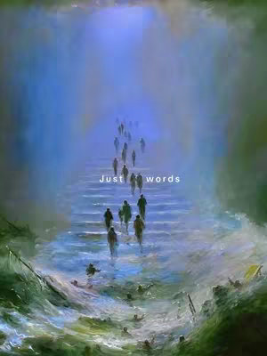 An artistic image depicting a staircase leading upwards through a misty blue sky, with silhouetted figures ascending the steps; turbulent waves crash below. Text overlayed at the top of the staircase says, 'Just words'.