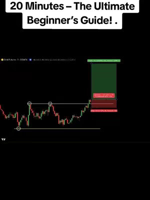 The image shows a trading chart on a black background. At the top, white text reads "20 Minutes – The Ultimate Beginner’s Guide!". The chart features green and red candlestick patterns with white lines and circles indicating support and resistance levels. A green box with white text overlays the right side, showing potential trading parameters like entry and stop loss orders. Black background.