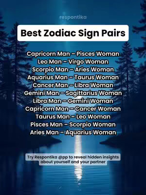 An image with a dark blue gradient background featuring a list of 'Best Zodiac Sign Pairs' in a white rectangular box at the top. Below, the pairs are listed, and a footer suggests visiting a website for partnership insights against a backdrop of silhouetted trees and water reflecting a star-like light.