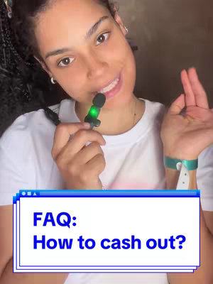 A woman is holding a microphone next to her mouth. The frame includes her head and shoulders. Text overlayed at the bottom reads "FAQ: How to cash out?" in a two-tone blue box.