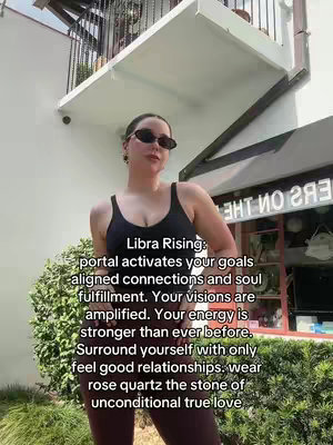 A woman in sunglasses and a black tank top poses outdoors in front of a building. Text overlays provide astrological insights about Libra Rising.