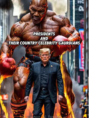 An AI-generated image depicting Mike Tyson as a muscular, fiery character looming behind a realistic depiction of Donald Trump. Text overlayed read PRESIDENT and their country celebrity guardians.