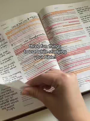 An opened Bible with highlighted verses and handwritten notes. A hand is turning a page, and text overlayed at the center says, "three fun things to use while studying your Bible!"