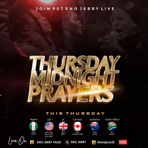 The cover image is a promotional graphic on a dark gradient background. At the top, curved text reads 'JOIN PST ENO JERRY LIVE'. A collage of indistinct, blurred dark photos are overlaid on the top portion of the image, depicting people looking up with expressions of anticipation or prayer. The central focus is bold, golden text with a drop shadow that reads 'THURSDAY MIDNIGHT PRAYERS'. Below this, smaller text indicates 'THIS THURSDAY' along with a row of flags (Nigeria, USA, UK, Canada, Australia, South Africa) and associated time zones. The social media handles for Facebook (Eno Jerry Page), YouTube (Eno Jerry), and Instagram (@enojerry22) are featured and the word LIVE is prominently displayed.