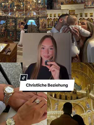 A collage-style image with a central selfie of a person, surrounded by scenes related to Christianity. The scenes include a wedding ceremony, a couple with a baby, hands with wedding rings, and people in a church. The central person in the selfie is holding an item. The image has a mix of warm and cool colors.