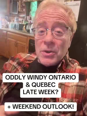 Image of a man with glasses speaking directly at the camera in what appears to be a kitchen. Overlaid text gives a weather-related hook.