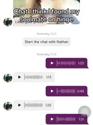 The cover image shows a screenshot of a conversation on the Hinge dating app. At the top, text overlays read  "Chat I think I found my soulmate on hinge". Below that the beginning of the chat includes audio notes.