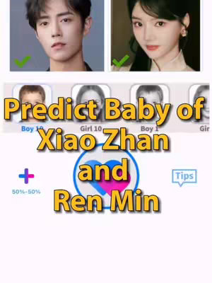 The cover image is a composite, featuring two headshots at the top, one of a man and one of a woman, each with a checkmark graphic. Below are AI-generated baby face predictions and text overlay graphics. The text states: 'Predict Baby of Xiao Zhan and Ren Min'. The overall layout blends celebrity images with predicted baby faces, promoting an AI-based conceptual video theme.