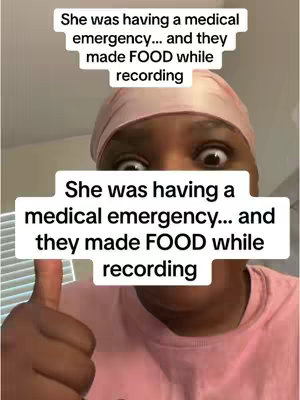 A selfie-style shot featuring a woman with wide eyes expressing shock. She's wearing a pink headscarf and T-shirt, with a thumbs-up gesture. Overlay text highlights the video's theme of a medical emergency.