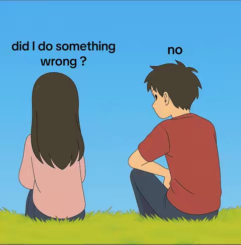An illustration with a blue sky background and a grassy area at the bottom. Two cartoon figures are seated. A woman with long brown hair is on the left facing away, wearing a light pink shirt, and appears to be deep in thought or sadness. On the right, a male figure with short brown hair, wearing a red shirt, faces away from the woman. Overlay text includes the questions 'did I do something wrong?' and the answer 'no'.
