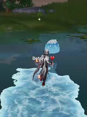 A screenshot from a video game, featuring a character standing on a translucent icy platform above water. The character has a distinctive design with attire that appears to be a dress with long tail of white, grey and red. A text overlay in the image says 'Betrayal'. A red heart floats nearby.
