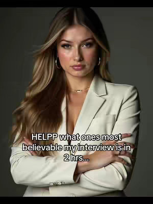 A woman with long wavy blonde hair, wearing a tan blazer and hoop earrings, looks directly at the camera. Text overlayed at the bottom includes a question about which photo looks most believable for an interview.
