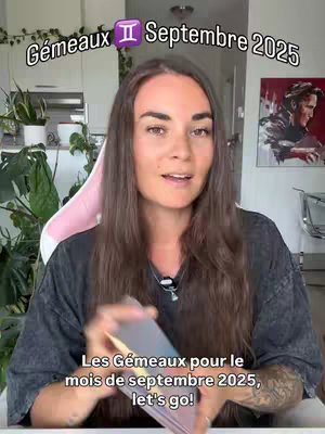 A woman with long brown hair is centered in the frame, speaking directly to the camera. Behind her is a domestic setting with greenery and a painting visible. Text overlays at the top-left and bottom of the frame in black and white provide context, referencing Gemini and the month of September 2025.