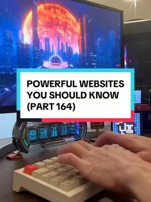 The cover image shows a person's hands typing on a keyboard in the foreground. The background features a computer monitor displaying a futuristic cityscape with a large, fiery planet. A text overlay at the bottom reads "POWERFUL WEBSITES YOU SHOULD KNOW (PART 164)". The scene is well-lit, showcasing a tech-focused setup.