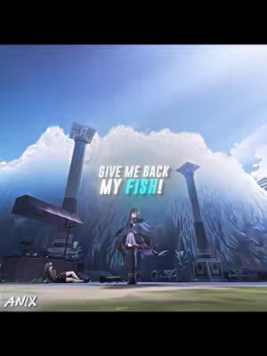 An anime-style image with two characters on a white background. One is in the center, standing with a determined pose, wearing a long coat. Another character is lying down in the bottom left corner. The sky is a vibrant blue.