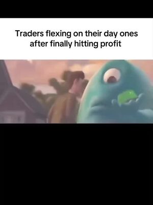 An animated scene featuring a green and blue blob-like creature holding a smaller green frog. Text overlay reads, 'Traders flexing on their day ones after finally hitting profit.' The background appears to be a stylized, blurred outdoor setting.