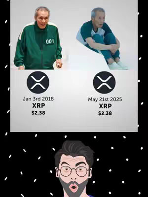 The cover image is a creative composition with multiple elements. In the top portion, there are two images of an older Asian man, one in a green tracksuit with the number "001" and the other seated in a contemplative pose. Below these images are two circular logos with an "X" shaped logo inside them. Beneath the logos, text indicates "Jan 3rd 2018 XRP $2.38" and "May 21st 2025 XRP $2.38". In the lower part of the image, a cartoon illustration of a man with glasses and a surprised expression is included, against a black background dotted with white.