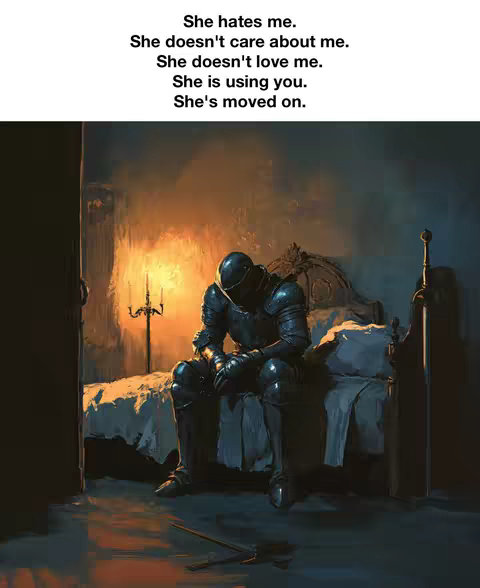 An artistic depiction of a knight in full armor sitting on a bed in a dimly lit room. The scene has a moody, painterly quality with a strong emphasis on shadows and warm lighting from a candle near the bed. A text overlay is present in the upper portion of the image.