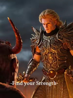 A dramatic image showing two figures facing each other in a fantasy setting. On the right, a warrior with blonde hair and metal armor holds a sword, looking down thoughtfully. On the left, a creature with a red horn appears, partly obscured. The background suggests a dark, fiery environment.