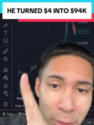 A selfie-style shot featuring a man with a chart in the background and text overlay. The man is positioned in the bottom right of the frame, with a close-up of his face, pointing towards the chart. The background shows a crypto chart. The overlay text reads 'HE TURNED $4 INTO $94K' against a red bar. The color palette is dark with hints of blue and red to emphasize the chart analysis.