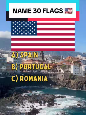 The cover image presents a quiz challenge, featuring the American flag at the top, followed by three multiple-choice answers below. The background shows a coastal city with blue water and blue sky.