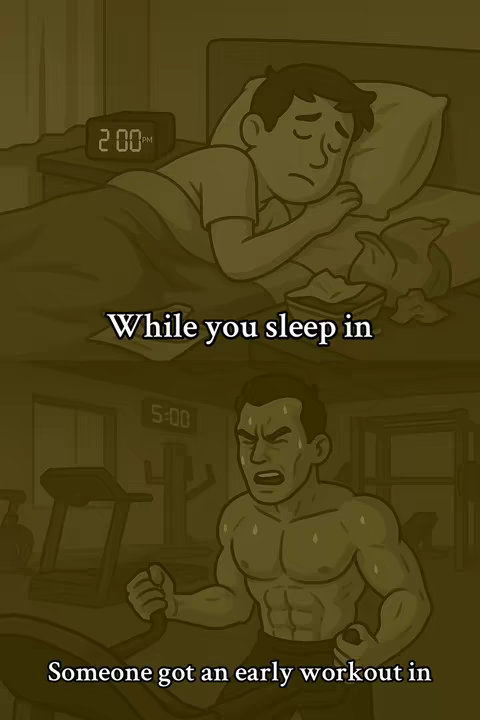 The image is a split panel depicting a motivational scene. The upper half shows a person sleeping in bed at 2:00 PM, suggesting laziness. The lower half shows a muscular person working out in a gym at 5:00 AM, suggesting early activity and workout.