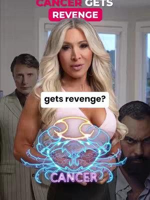A woman with blonde hair is centered, speaking with a neutral expression. Behind her, two men are partially visible. An animated Cancer zodiac symbol overlaid on the woman's chest. Text overlays at the top and bottom.