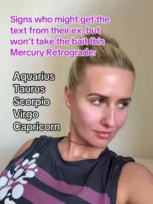 A woman with blonde hair pulled back in a bun gazes thoughtfully to the side. Overlaid text in a purple font lists astrological signs: Aquarius, Taurus, Scorpio, Virgo, and Capricorn.