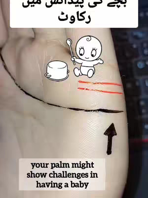 The cover image shows a close-up of a palm. The palm has superimposed illustrations and text. The text at the top is in a non-English script. There is a cartoon baby with a spoon and a baby food jar drawn over the palm. Also drawn on the palm are multiple lines and an arrow pointing upwards. The text at the bottom has the following text: your palm might show challenges in having a baby.