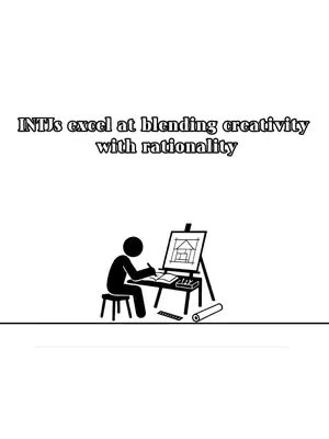 A minimalist image depicting a stick figure artist drawing a house plan on a drawing board, positioned to the right. The artist is seated on a stool. Above, centered, is text reading 'INTJs excel at blending creativity with rationality', set against a plain white background.