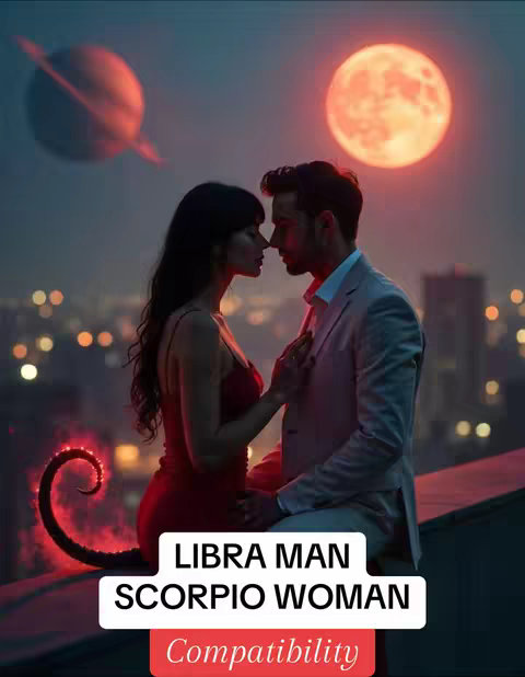 The image captures a romantic scene on a rooftop. Two figures, a man in a light suit and a woman in a red dress, are positioned close to each other, nearly touching noses. Behind them, there\'s a cityscape with blurred lights and a large, orange moon. Above is a planet with a ring. In the foreground, a graphic with text that reads "LIBRA MAN SCORPIO WOMAN Compatibility" is displayed.