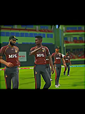 The cover image features a digitally created scene of a cricket field with several players in uniforms. The players are standing and walking on the field, with stadium stands visible in the background. The color palette is dominated by greens and browns. The scene has been edited using filters to achieve a stylistic look, featuring enhanced color and brightness.
