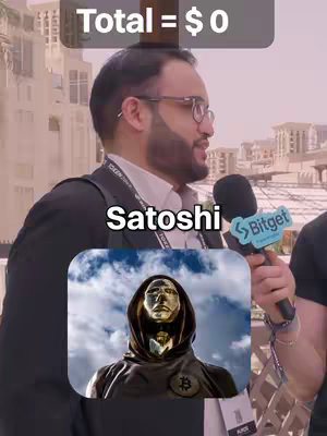 A man with glasses and beard is holding a microphone, with text overlays. A statue of Satoshi Nakamoto is in the frame as well. The logo of Bitget is on the right.