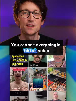 A cover image featuring a man with glasses in the foreground, looking directly into the camera and smiling. Behind him, a blurred purple background suggests a studio setting. A text box overlaid on the image displays the hook, with a grid of smaller thumbnails below it, likely representing TikTok videos.