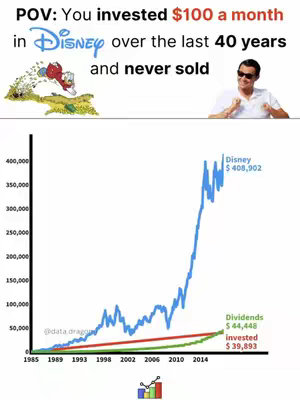 The cover image is a split-screen view comparing investments over time. The top part includes the text overlay 'POV: You invested $100 a month in Disney over the last 40 years and never sold'. It shows two cartoon figures and a man. The bottom of the image is a line graph depicting Disney's stock performance with the x-axis representing time from 1989 to 2014, and the y-axis representing value. The graph shows the growth of a Disney investment and a comparison to invested vs dividends received. The colors used in the image are mainly white, blue, green and red.