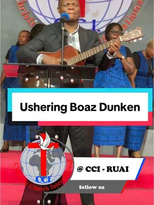 The image captures a live worship service with an individual in a black suit playing a guitar and singing, and a choir in the background. Text overlays identify the event and location, including the church name and a 'follow us' prompt.
