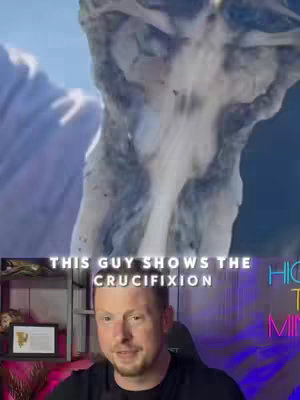 The cover image shows a man speaking from a room, overlayed with a blurred image of a stony statue. Below the statue are the words "THIS GUY SHOWS THE CRUCIFIXION". In the bottom third of the image is the man, with short brown hair and a light beard, in front of a desk with frames and neon lights. On the top is the image of a religious figure representing the crucifixion.