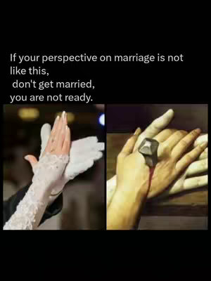 The cover image is split into two panels. The left panel shows a close-up of a bride's hand with a lace-trimmed glove, holding her other hand. The right panel shows a close-up of a hand with a nail piercing the center of the palm, with red streaks along the hand. Above the panels, there is black text against a black background.