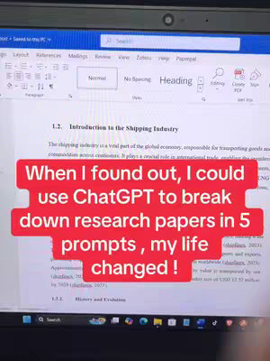 A laptop screen displaying a document titled 'Introduction to the Shipping Industry', overlaid by a red rectangular box with white text promoting the use of ChatGPT and its impact on research paper analysis.