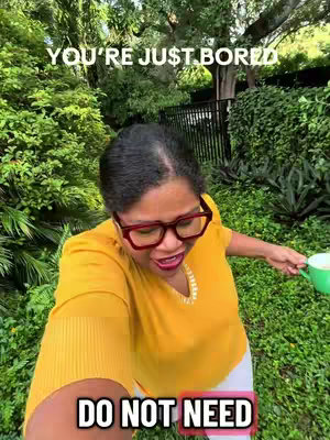 The cover image shows a selfie of a woman in a yellow shirt with a green cup. She is in a natural setting with green foliage in the background. Text overlays are present, with "YOU'RE JUST BORED" at the top and "DO NOT NEED" at the bottom.