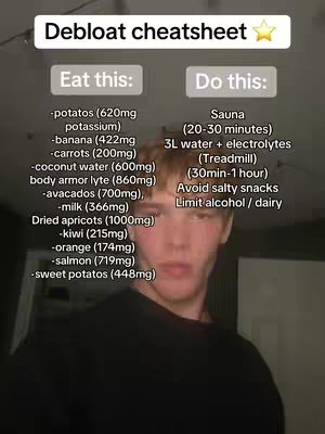 The image shows a close-up of a young man's face, with text overlays presenting a 'Debloat Cheatsheet'. The man is fair-skinned with short, light-brown hair. Text is arranged in two columns, titled 'Eat this' and 'Do this', offering dietary and exercise suggestions. The background is plain and out of focus.