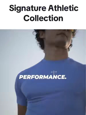 The cover image showcases a man in athletic wear, centered in the frame from the upper chest up. The background is a soft, light blue or white. Text overlay says 'Signature Athletic Collection' at the top and 'PERFORMANCE.' below the midline. The overall composition is clean and focused on promoting athletic wear.