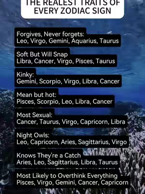 An image with an underwater scene as a background featuring a list of zodiac traits. The top part of the image has dark text on a lighter color overlay, while the main content consists of a list in black font on black bars.