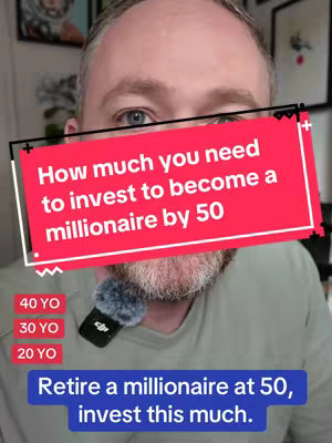 A close-up shot of a man with fair skin and a neatly trimmed gray beard. He is wearing what appears to be a green shirt, with a small black microphone clipped to his collar. Overlayed on the video are several text elements in a colorful, modern style. There is a large pink and white rectangle with the words 'How much you need to invest to become a millionaire by 50.' Below this are three smaller rectangles in red, green, and red, marked '40 YO', '30 YO' and '20 YO' respectively. At the bottom, there is a blue text box with the words 'Retire a millionaire at 50, invest this much.'