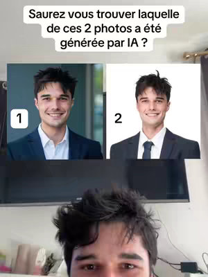 The cover features a split screen presentation. The top half showcases text asking viewers to identify which of two photos was generated by AI. Below that, the creator is visible, taking up a substantial portion of the frame, with his face centered. The background is a blurred living space.