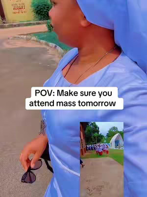 A woman in a white and light blue religious outfit is walking, with a small video inset of people walking towards a church. Text overlay on the center appears.