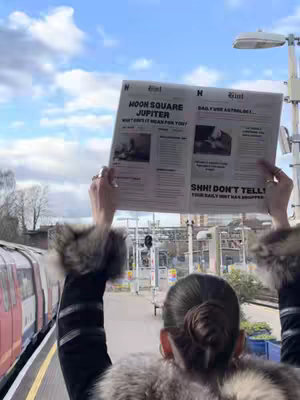 A woman stands on a train platform, holding up a newspaper. The sky is visible in the background. The woman's back is to the camera, so her face isn't visible, but she has her hair in a bun. The newspaper has large text, and the headlines are relevant to astrology.