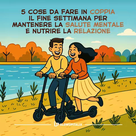 An illustrated scene with a man and a woman riding scooters side by side on a paved path. A body of water and a park are in the background, with trees showing fall foliage. Text overlays describe tips for couples.