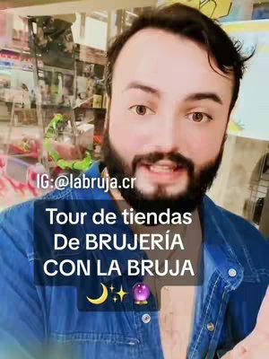 A selfie-style video cover featuring a man with a beard in front of a store. Text overlays at the bottom and middle inform the viewer that the content is a tour of witchcraft stores in Costa Rica.
