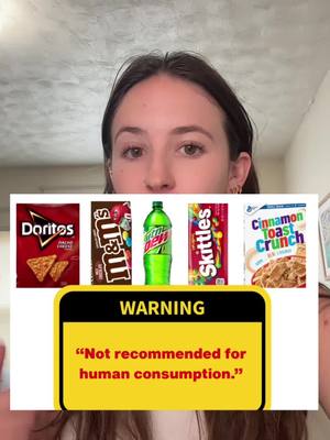 A woman is in the center, with a variety of snack food packages displayed in front of her. A yellow warning label with black text is placed at the bottom of the image. The woman has brown hair.
